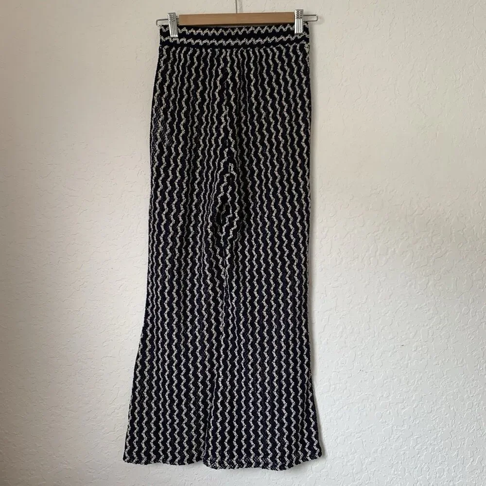 OYSHO Beach Pant XS Open Crochet Knit Navy Blue‎ Cream Stretch Sheer Flare Boho